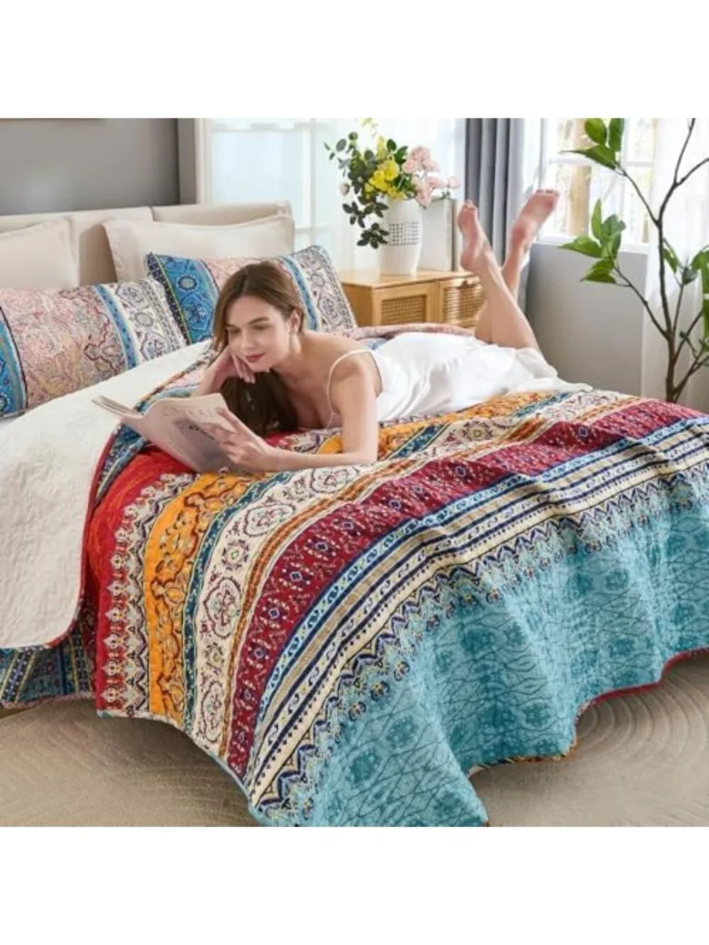 Oversized Boho Quilt Set - 3 Piece Bedspread in Beige, Cozy & Stylish Bedding